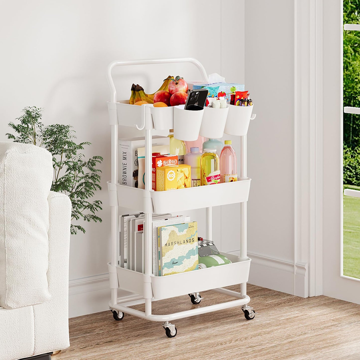 Buzowruil 3-Tier Rolling Utility Cart, Storage Cart with Handle Multi-Purpose and Locking