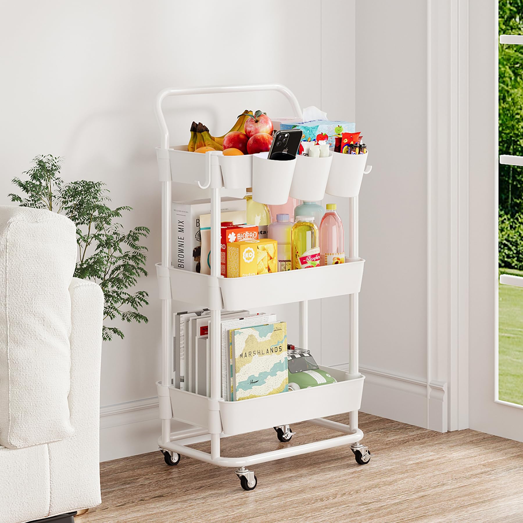 Buzowruil 3-Tier Rolling Utility Cart, Storage Cart with Handle Multi-Purpose and Locking