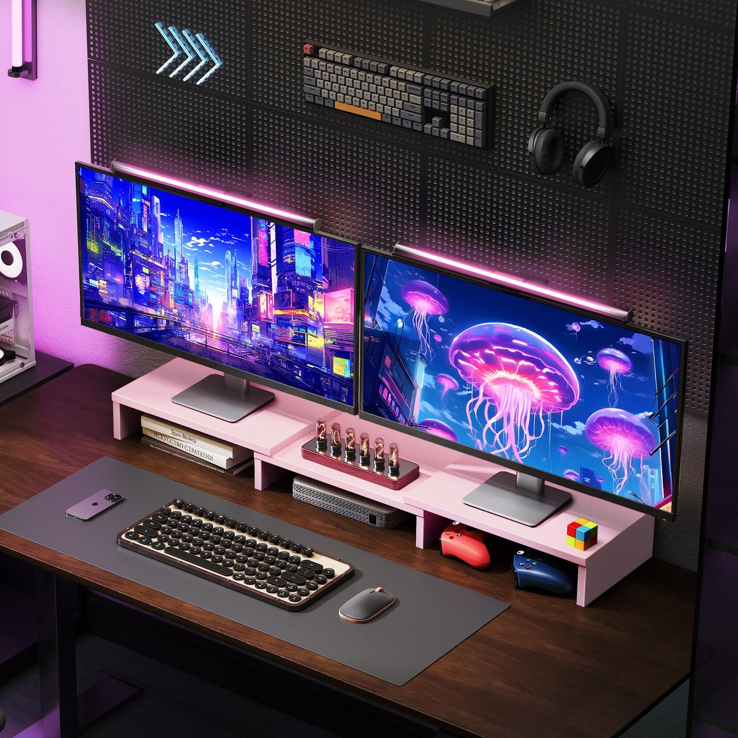 TAVR Dual Monitor Stand Riser, Wooden Computer Monitor Stand for 2 Monitors