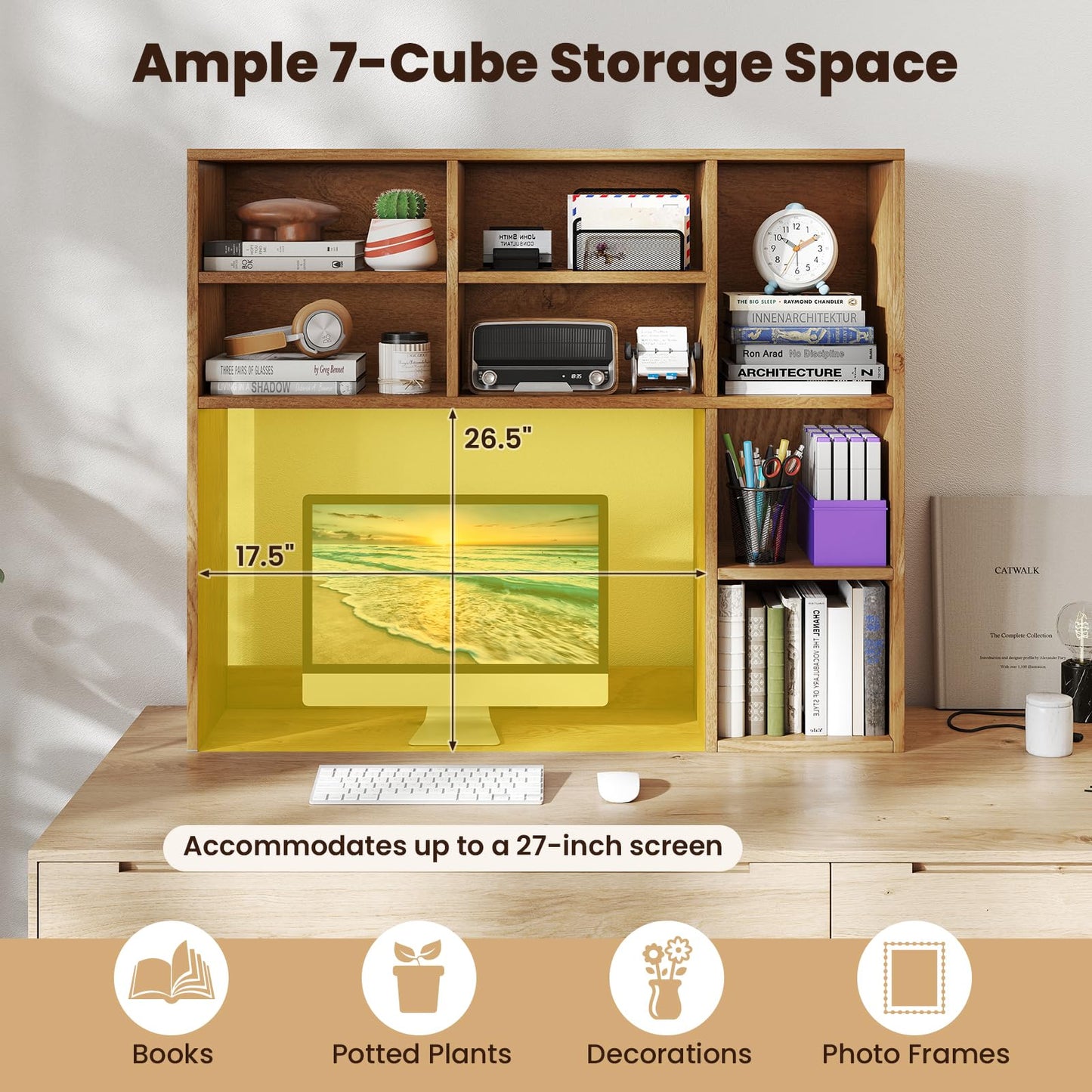 Giantex Desktop Bookshelf, Desk Hutch Dorm w/ 7 Cubes & 3 Adjustable Shelves, Desk Shelf for Up to