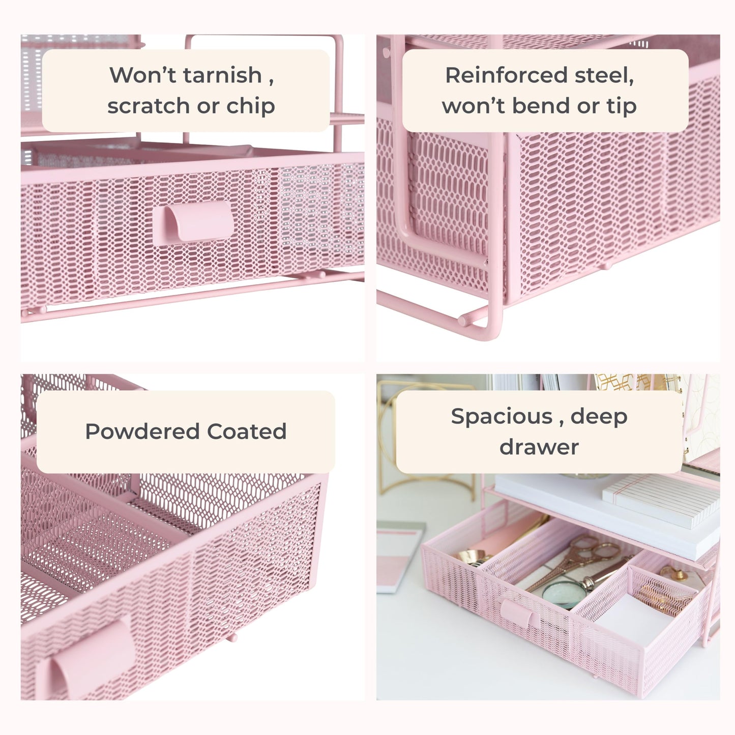 BLU MONACO | Pink Desk Organizer with Drawer | Wire Mesh Desk Organizer File Sorter | Metal Desktop
