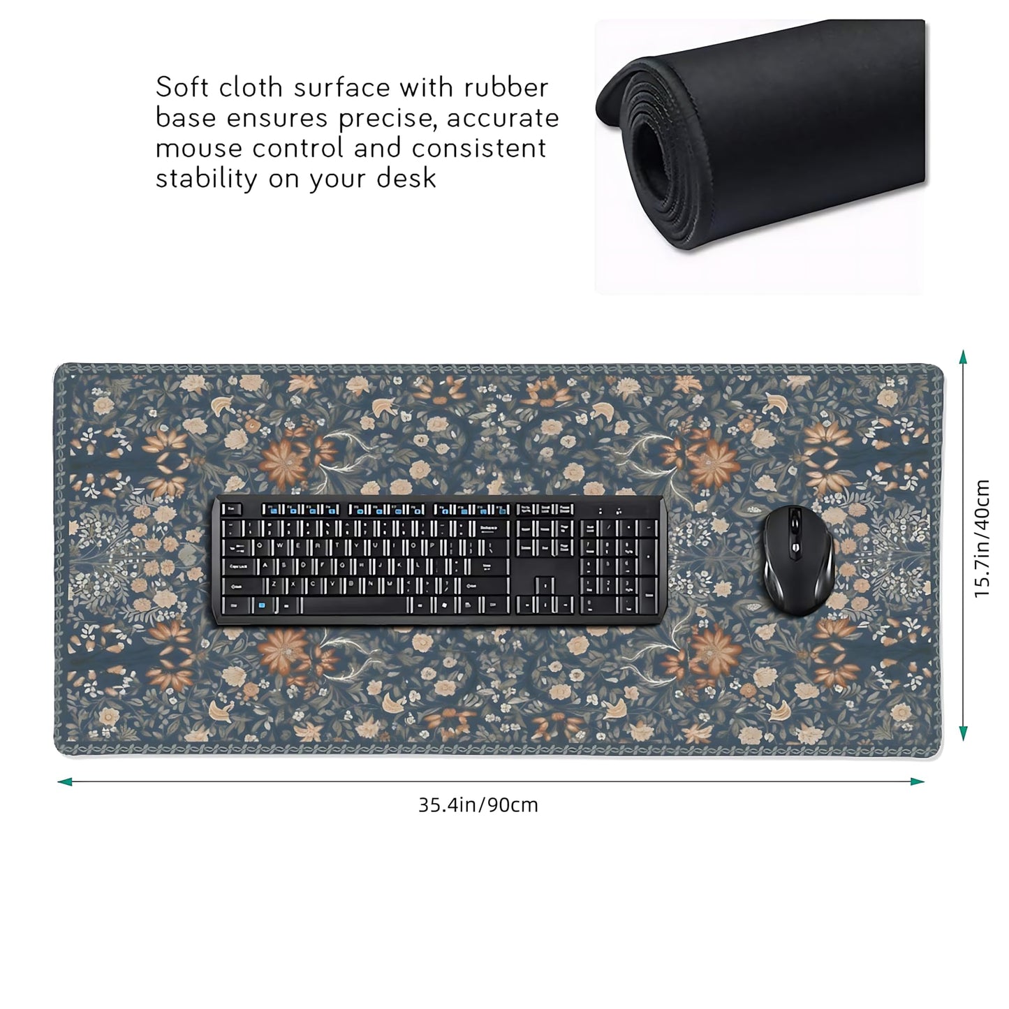 Floral Aesthetic Wildflower Gaming Mouse Pad, Blue Pink Rug Desk Mat with Anti-Slip Base & Stitched