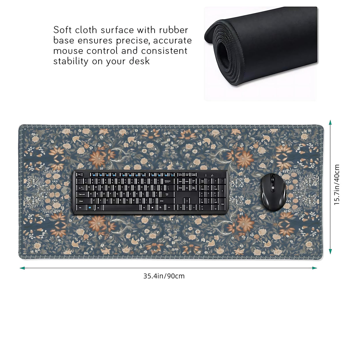 Floral Aesthetic Wildflower Gaming Mouse Pad, Blue Pink Rug Desk Mat with Anti-Slip Base & Stitched