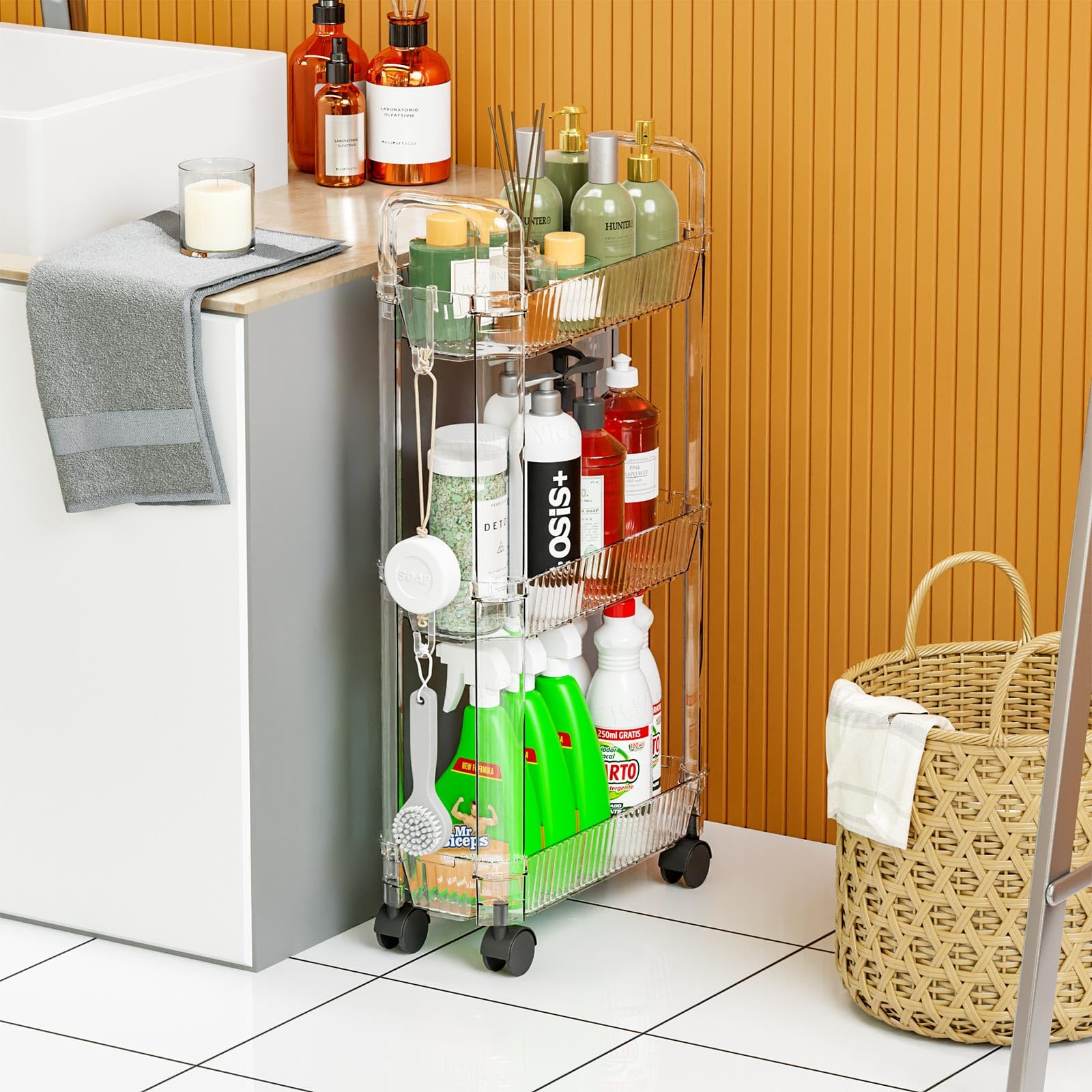 3 Tier Slim Rolling Storage Cart with Wheels for Small Space,Clear Modern Design Slim Utility Cart