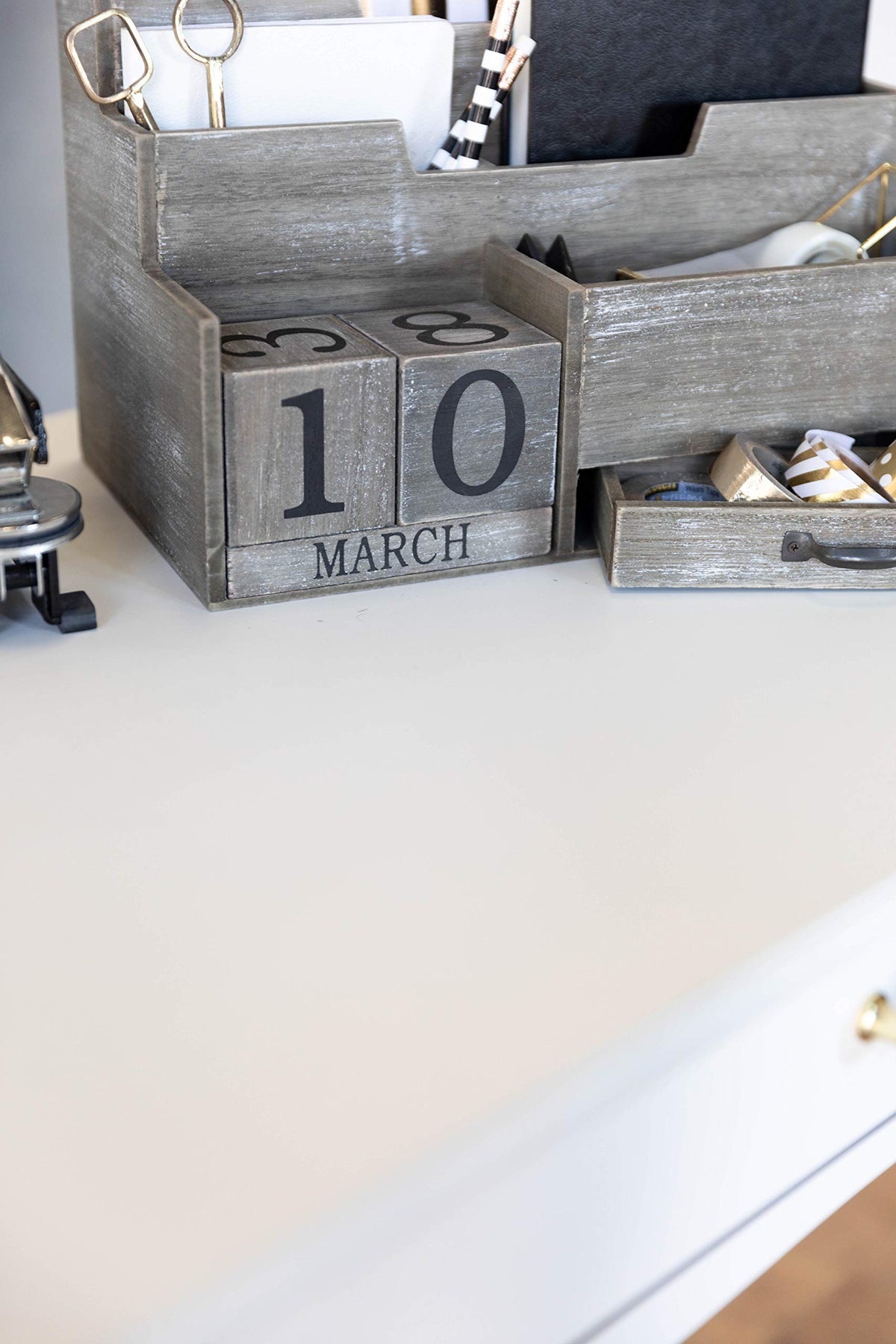 BLU MONACO | Dark Wooden Mail Organizer with Block Calendar | Two-Tier Mail Sorter, Drawer &