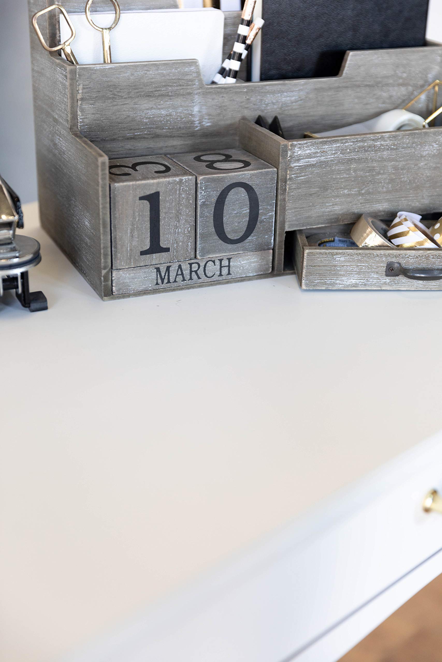 BLU MONACO | Dark Wooden Mail Organizer with Block Calendar | Two-Tier Mail Sorter, Drawer &
