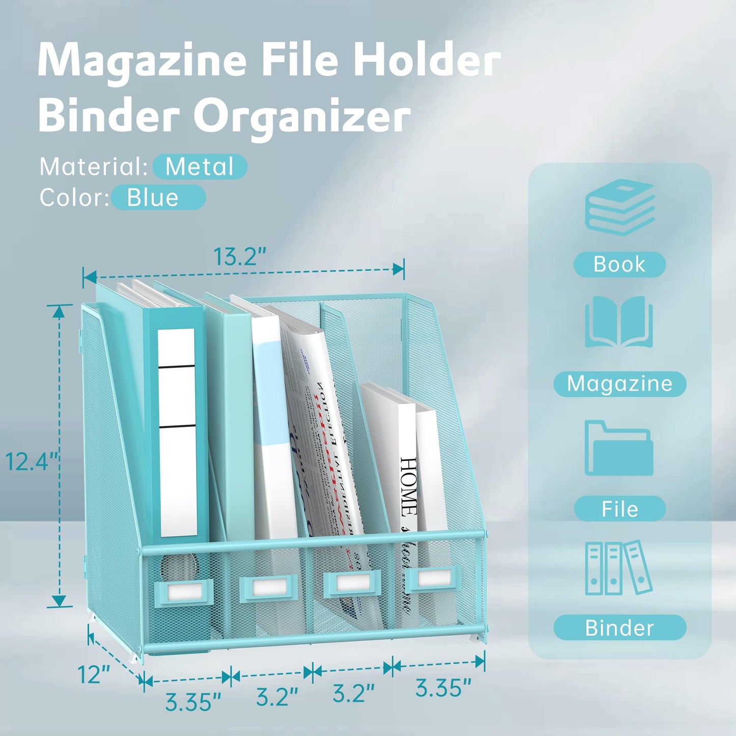 4-Compartment Magazine File Holder and File Organizer for Desk, Blue