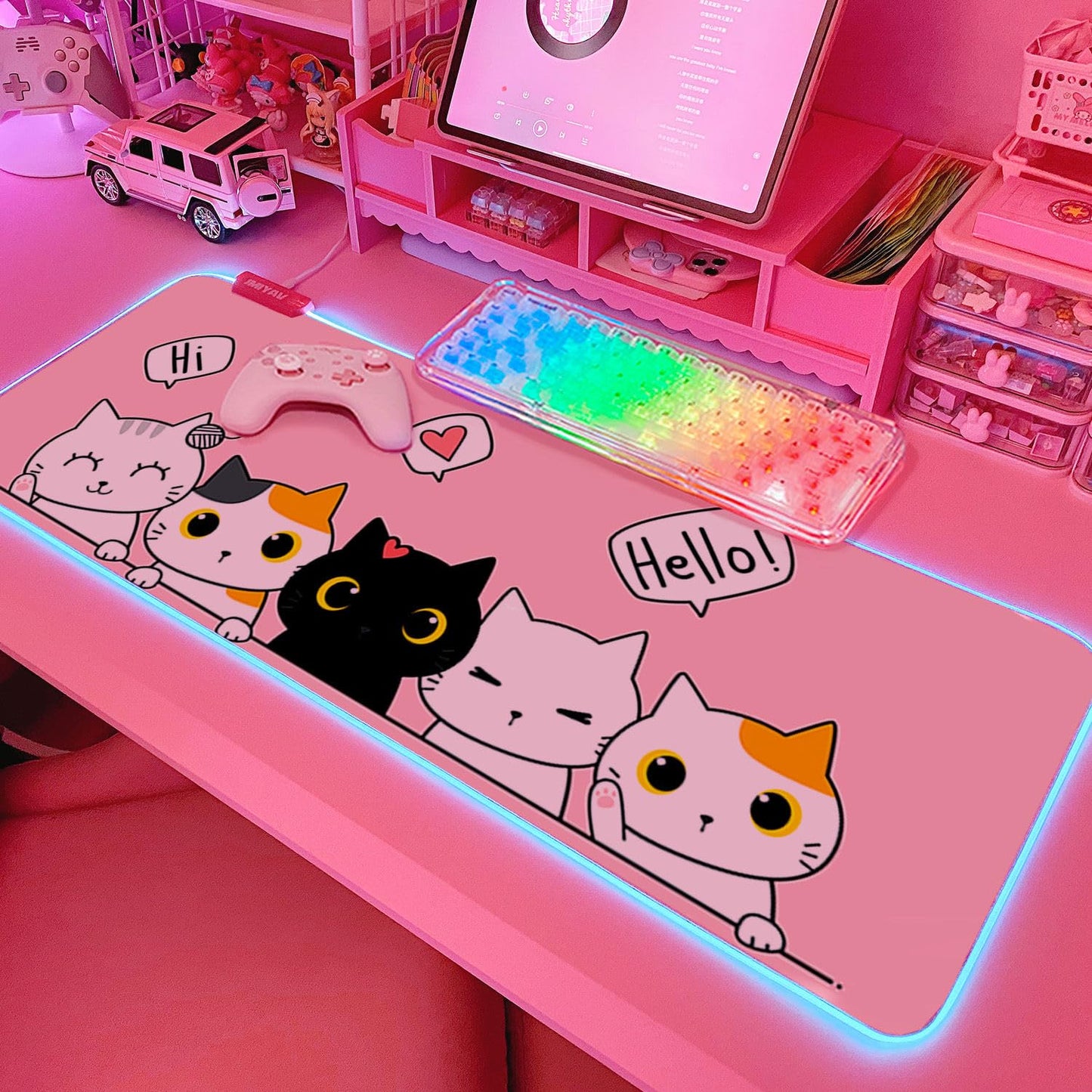 JMIYAV Pink Kawaii Cat RGB Gaming Mouse Pad 31.5x12 Inch PC XL Large Extended Glowing Led Light Up