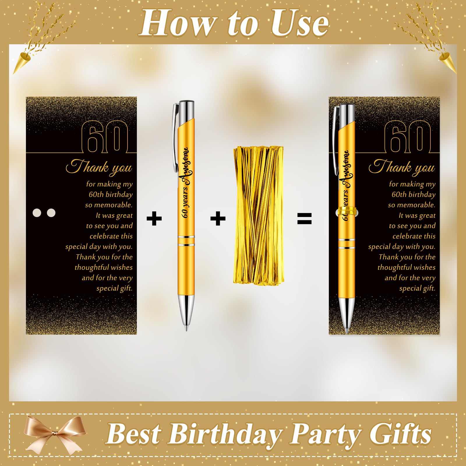 Feifeiya 60th Birthday Party Favors with Black Gold Pens Thank You Cards