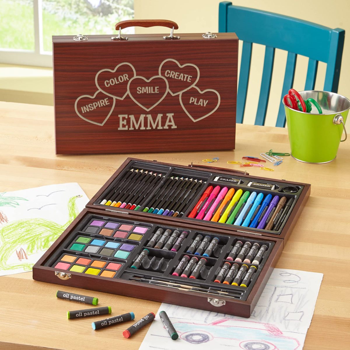 Let's Make Memories Personalized 80-Piece Deluxe Art Set - for Kids - Wood Carrying Case - Oil