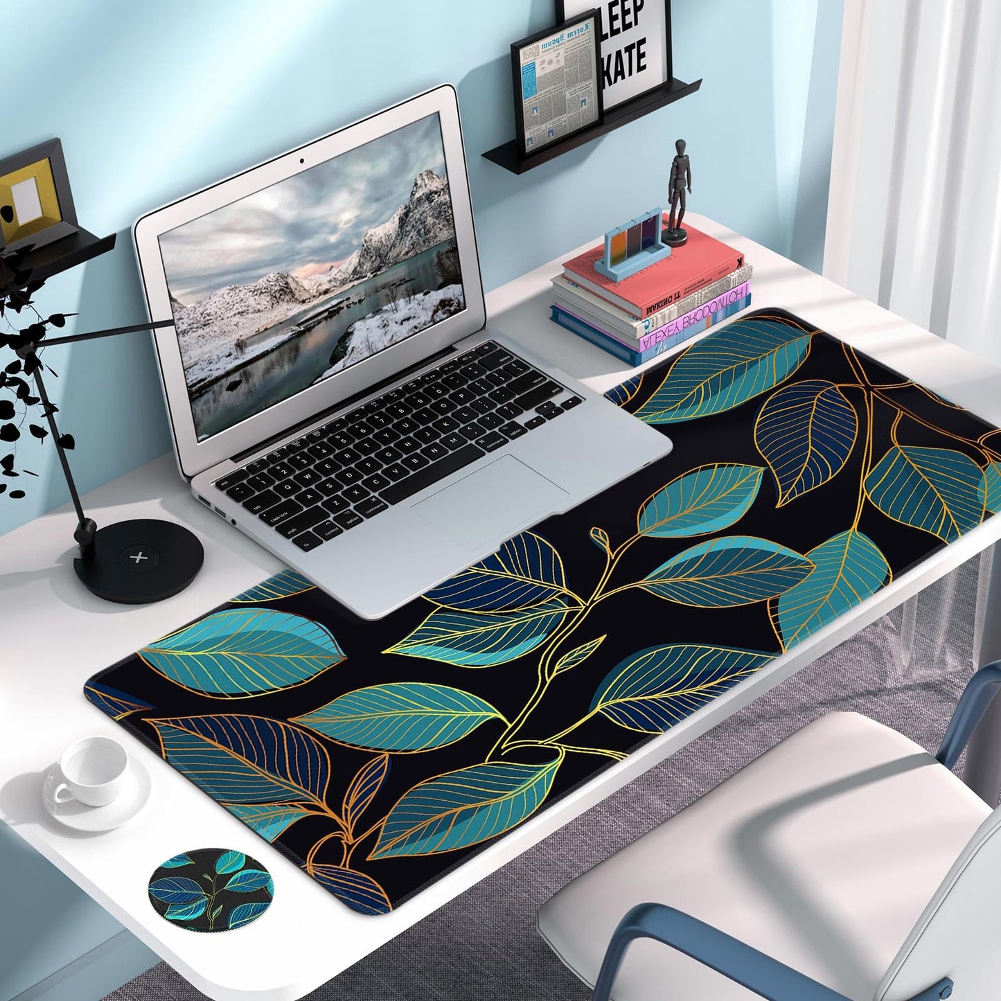 Large Gaming Mouse Pad with Coaster,Desk Matt for Desktop,Desk Mat-Leaves