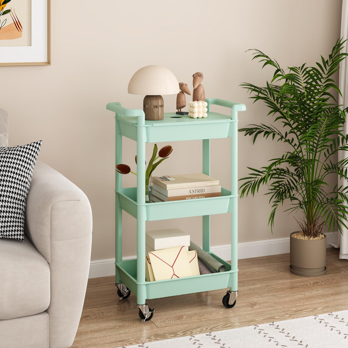 MIOCASA 3-Tier Utility Rolling Cart with Cover Top Board, Kitchen Storage Organization, Art Cart