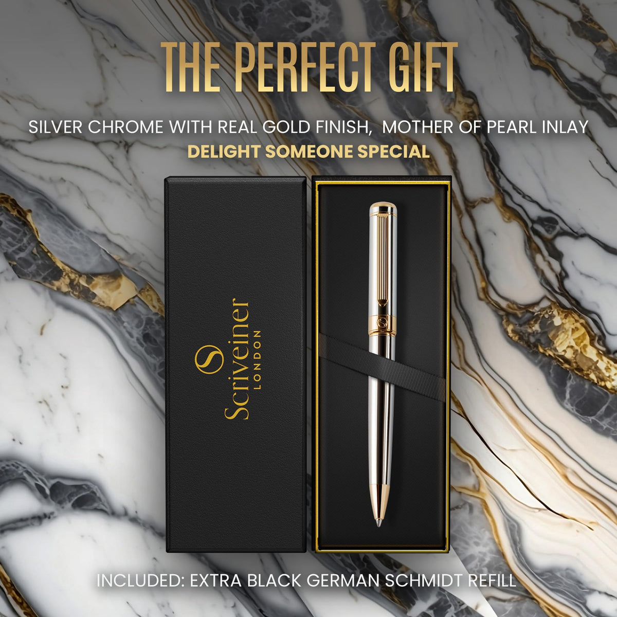 Scriveiner Silver Chrome Ballpoint Pen - Stunning Luxury Pen, Real Gold Plating, Schmidt Black