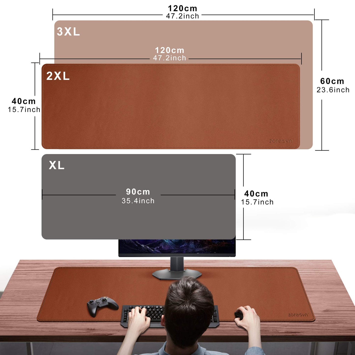 ZORESYN XL Faux Leather Desk Pad Protector, 47.2" x 15.8", Light Brown