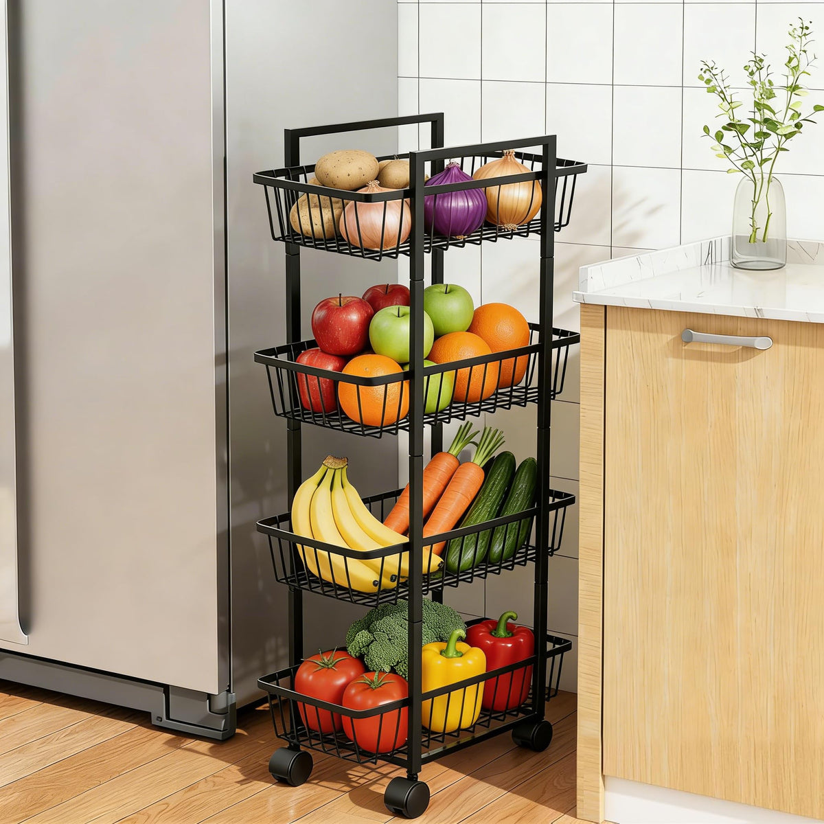 Simple Trending 4 Tier Rolling Fruit Vegetable Basket Cart, Black