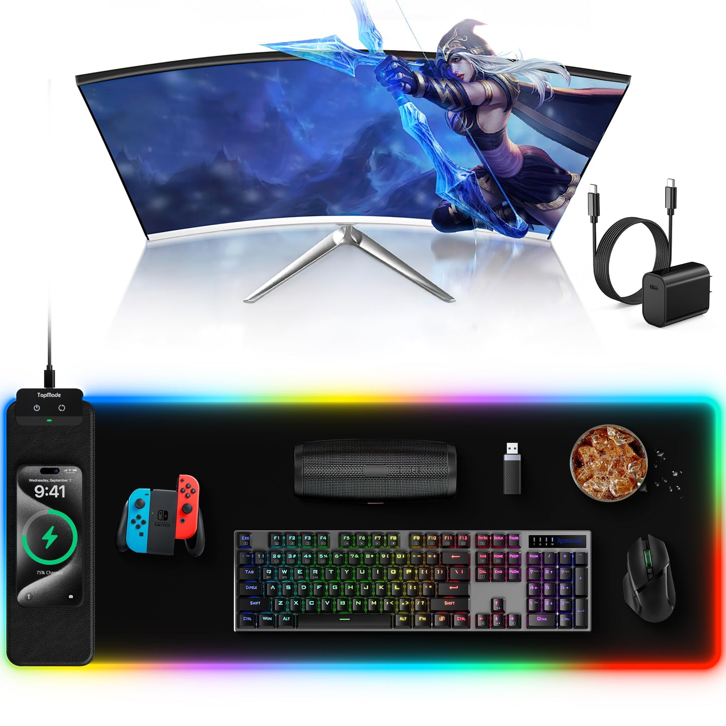 TopMade Mouse Pad with Wireless Charging, 31.5" x 11.81" XL Large Desk Mat