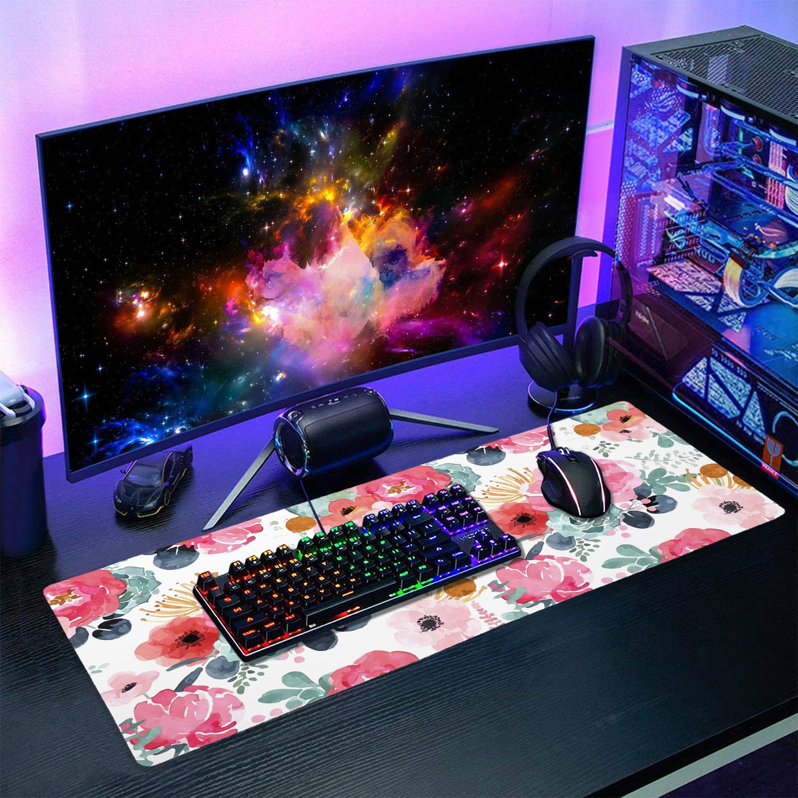 Pink Green Flowers Gaming Mouse Pad XL Cute Watercolor Floral Pretty Extended Desk Pad Trendy