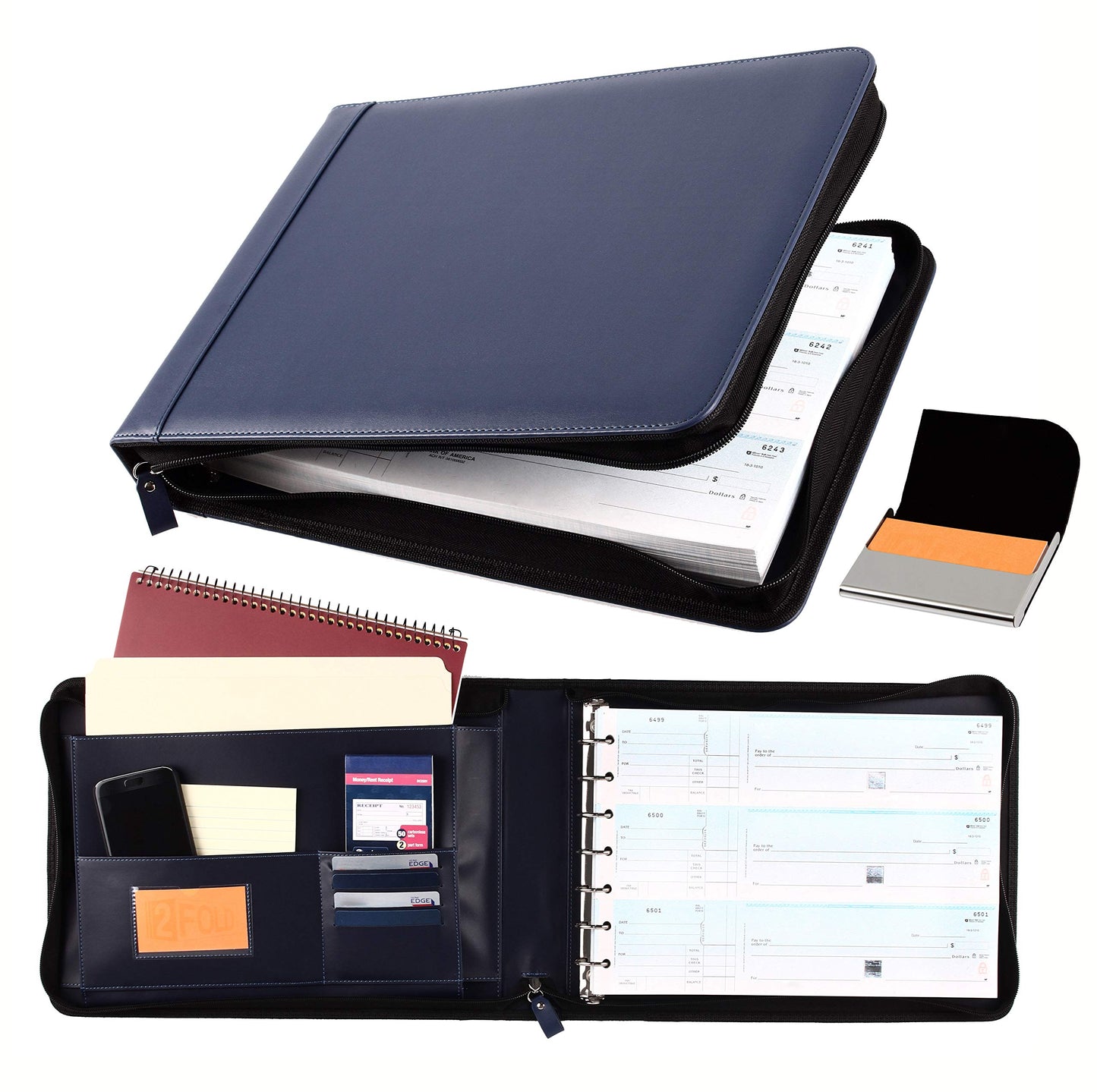 2Fold Zippered Business Checkbook Binder - 7 Ring Binder for Business Checks with Built-in