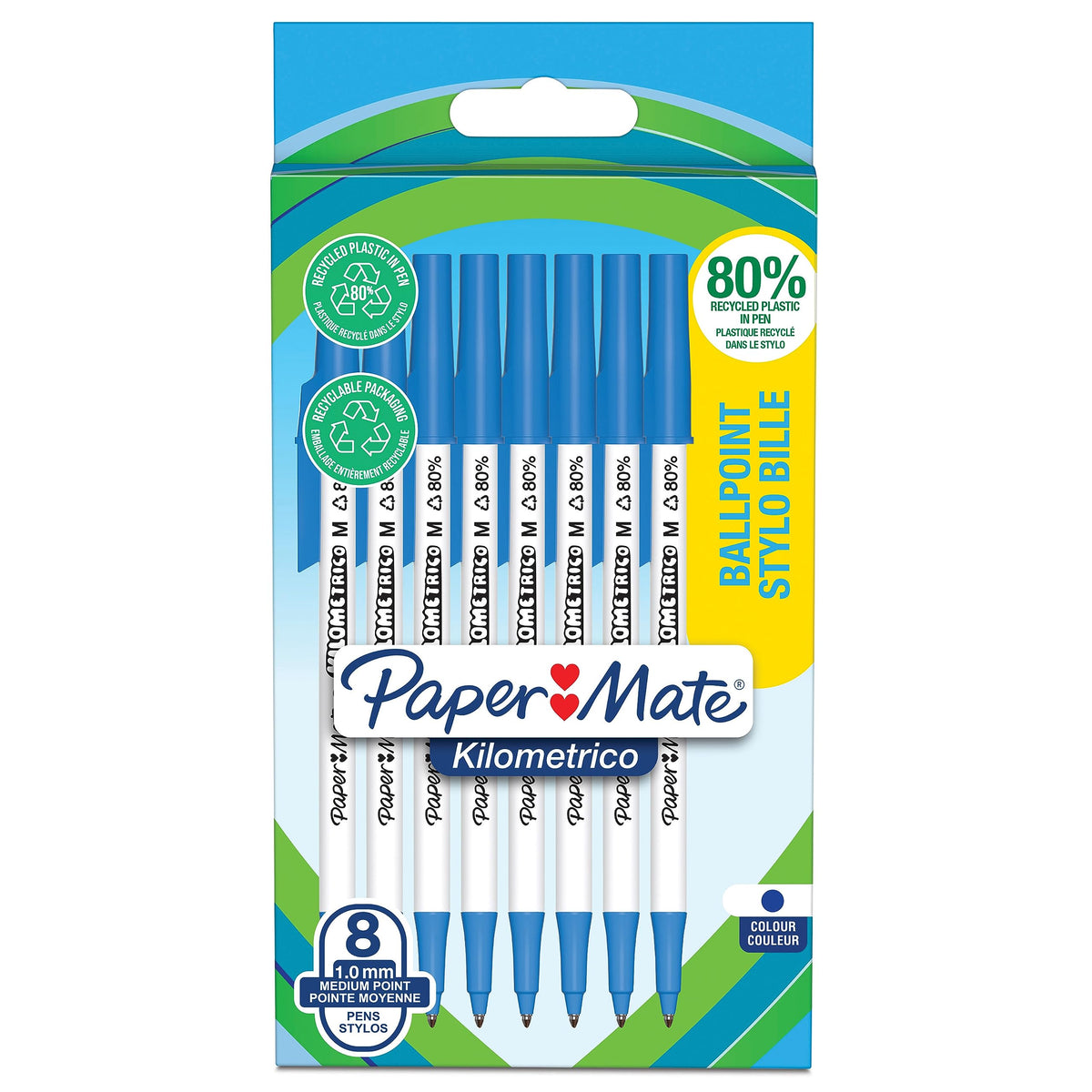 Paper Mate Kilometrico Ballpoint Pens | Long Writing with Medium Point (1.0mm) | Blue Ink | 80%
