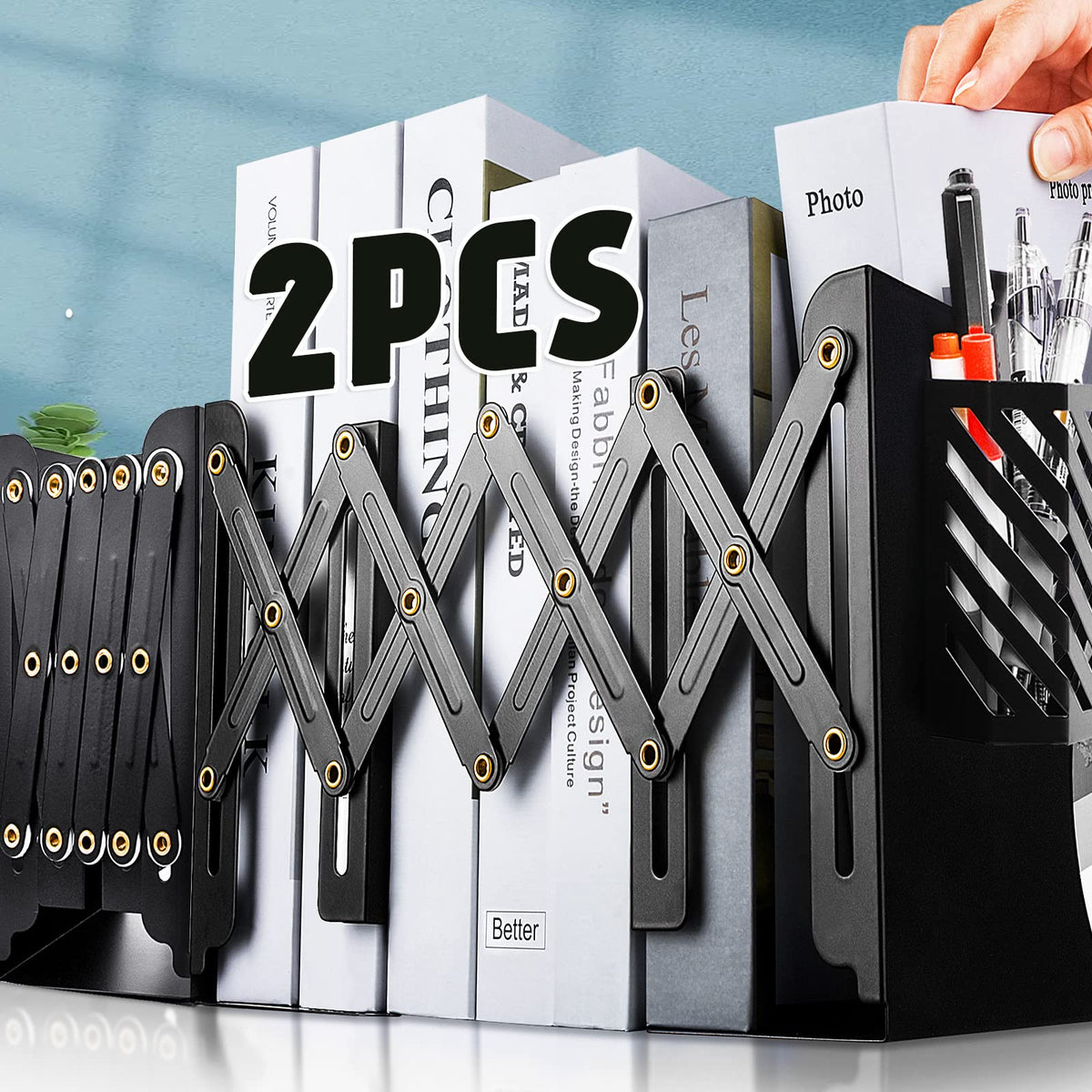 2PCS Heavy Duty Book Ends to Hold Books with Pen Holder, Adjustable Bookends, Metal Book Ends for