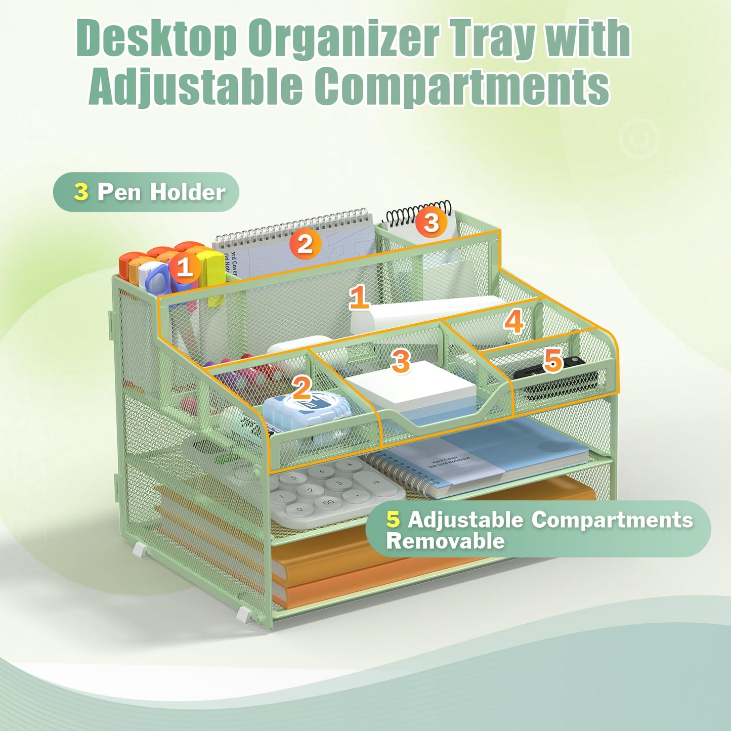 Docnest 3 Tier Mesh Desk Organizer with Letter Tray & Paper Sorter, Green
