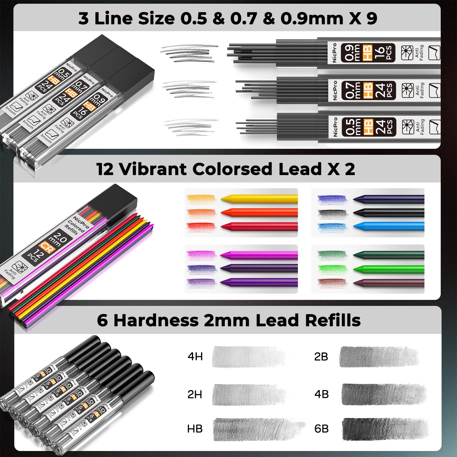 Nicpro 37PCS Art Mechanical Pencil Set, Metal Drafting Pencils 0.5 mm, 0.7 mm, 0.9 mm & 2mm Lead