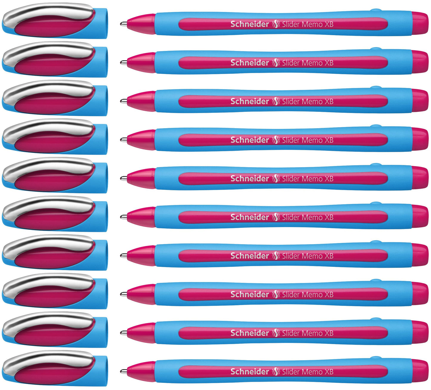 Schneider Slider Memo XB (Extra Broad) Ballpoint Pen, 1.4 mm, Light Blue Barrel, Pink Ink, Box of