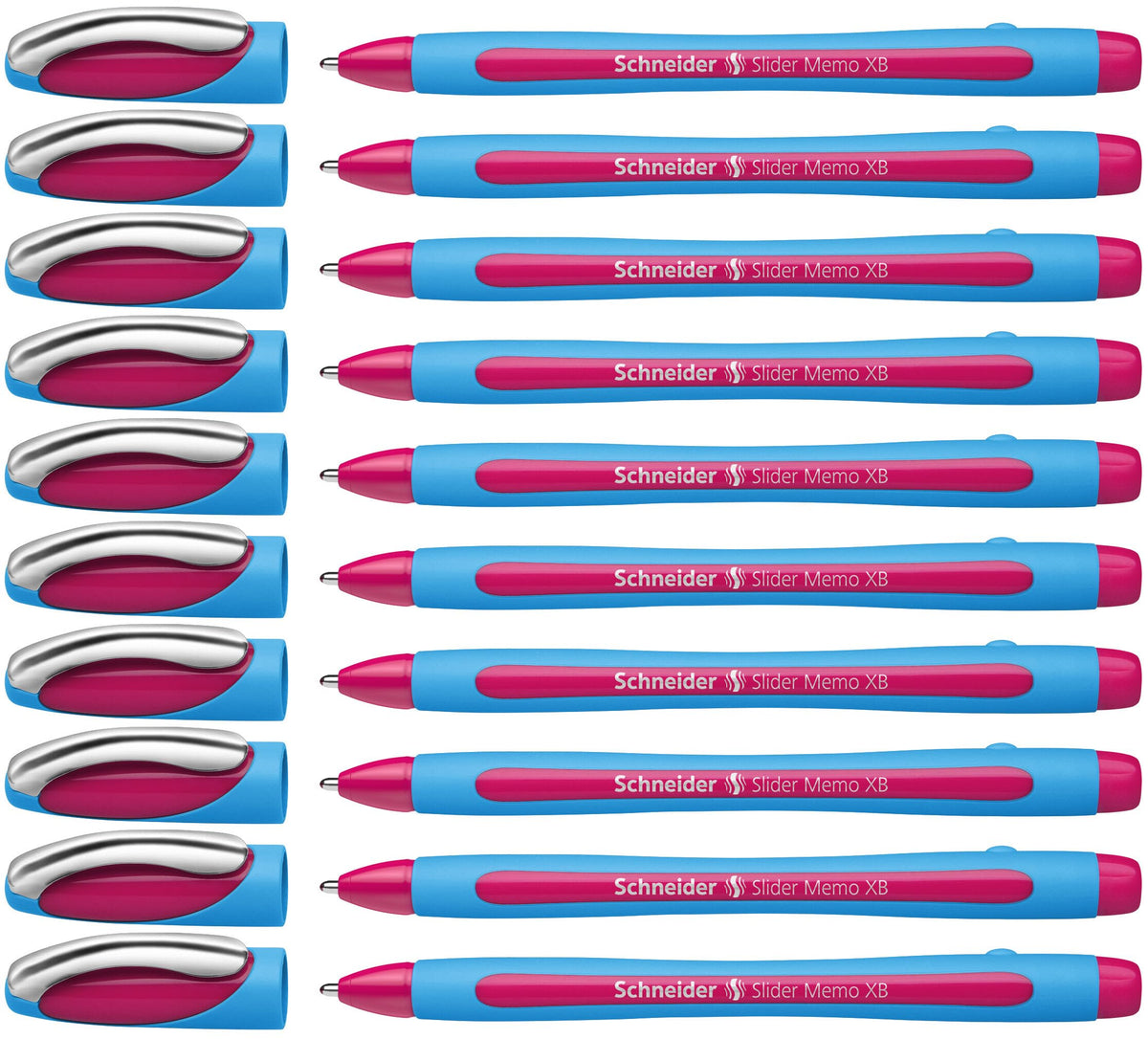 Schneider Slider Memo XB (Extra Broad) Ballpoint Pen, 1.4 mm, Light Blue Barrel, Pink Ink, Box of
