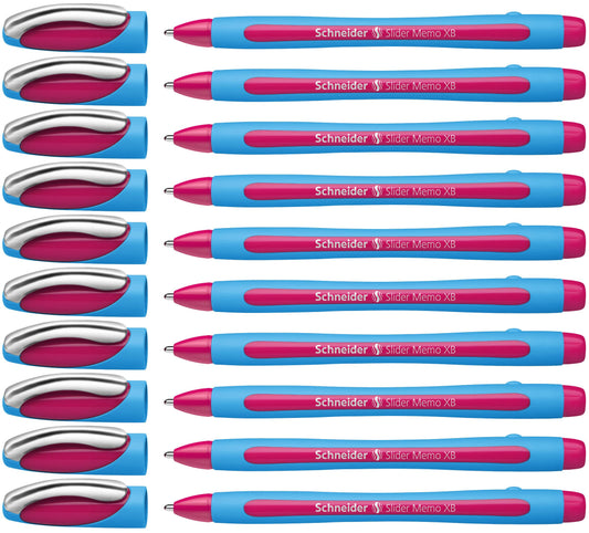 Schneider Slider Memo XB (Extra Broad) Ballpoint Pen, 1.4 mm, Light Blue Barrel, Pink Ink, Box of