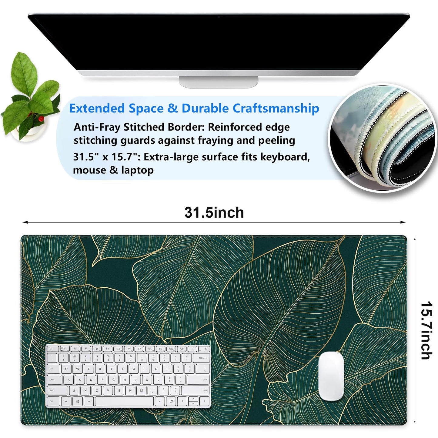 Luxury XXL Desk Mat 31.5x15.7 Emerald Green Gold Leaf Mouse Pad