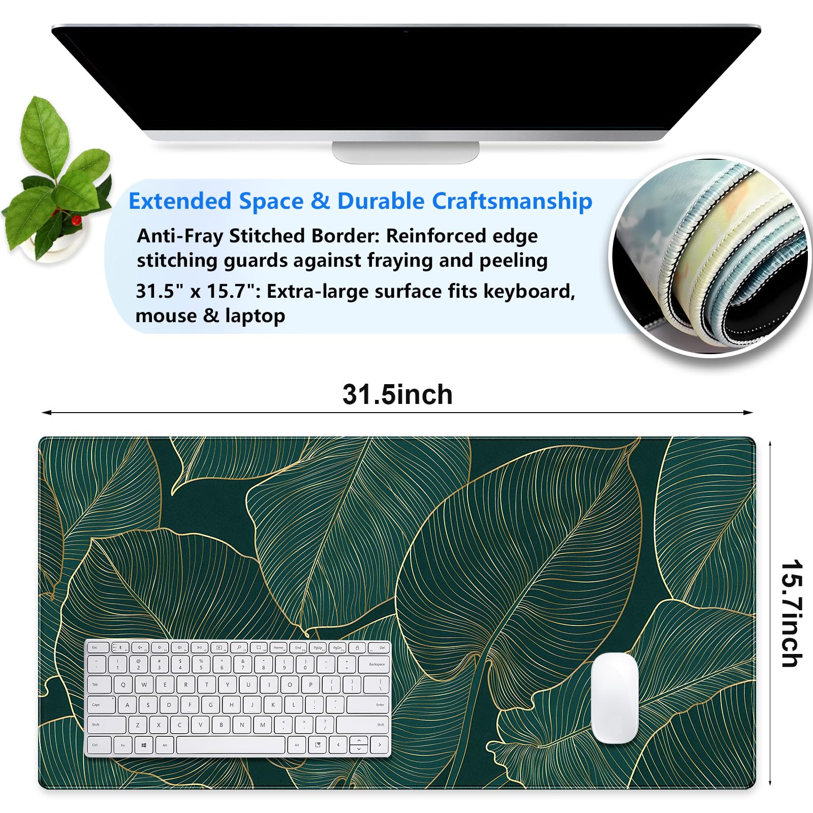 Luxury XXL Desk Mat 31.5x15.7 Emerald Green Gold Leaf Mouse Pad