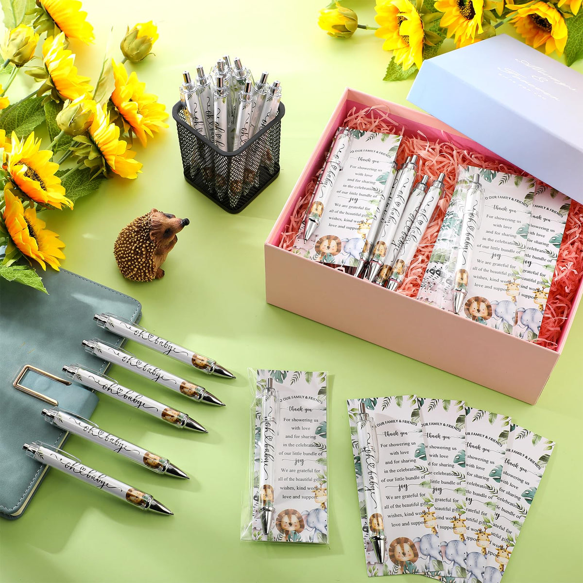 Dinifee 36 Sets Safari Baby Shower Favor, Ballpoint Pen with Greeting Card