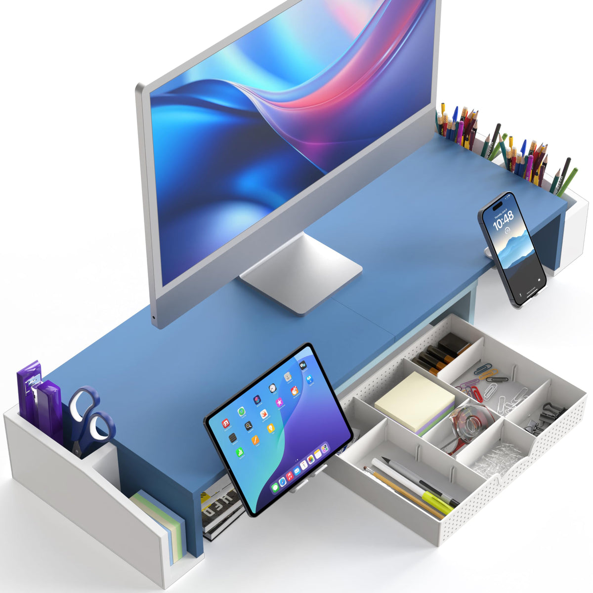 Simple Houseware Desk Dual Monitor Stand Riser with Drawer, Blue