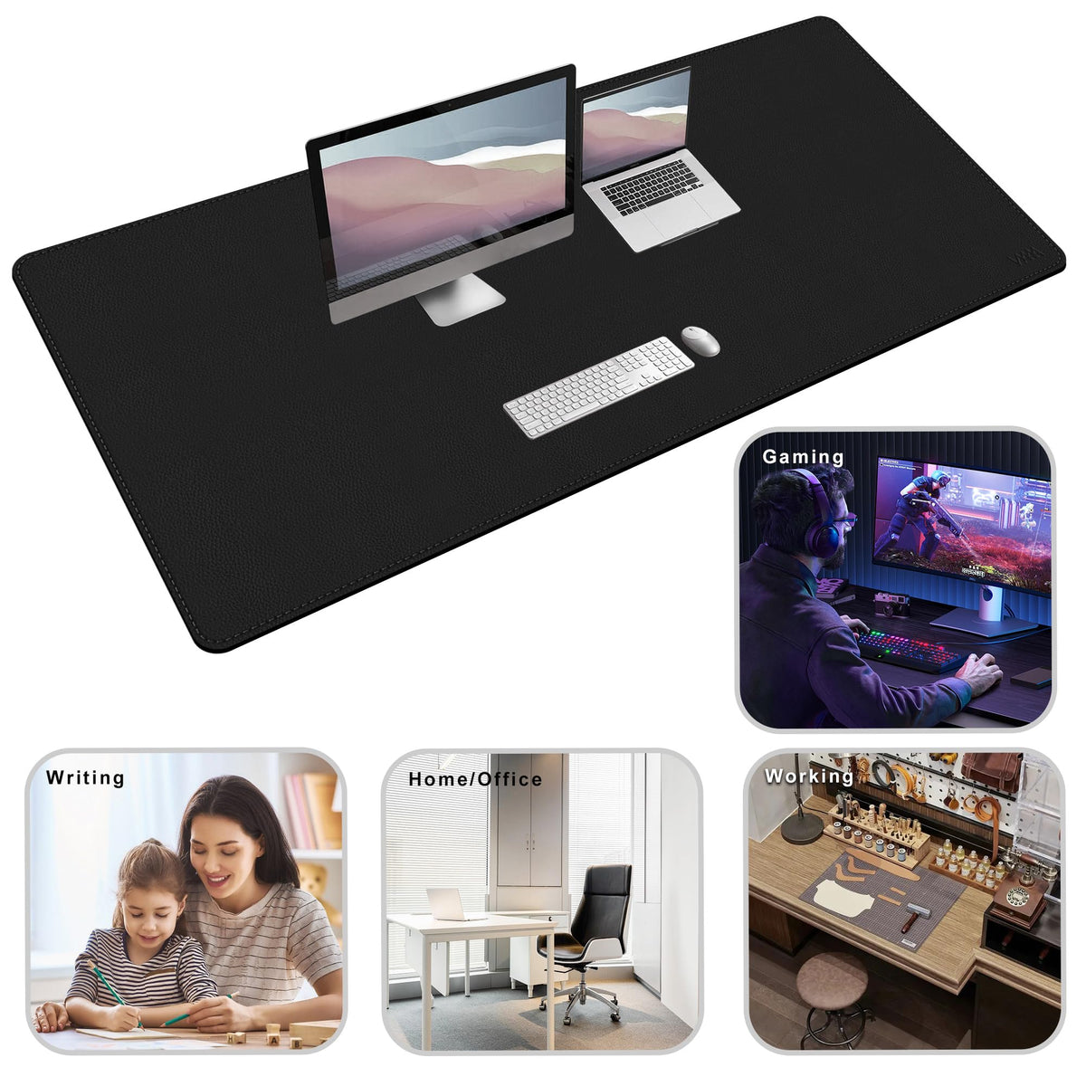 Vyaaa Large Leather Desk Mat, 63” x 31” Leather Desk Pad Protector, Black