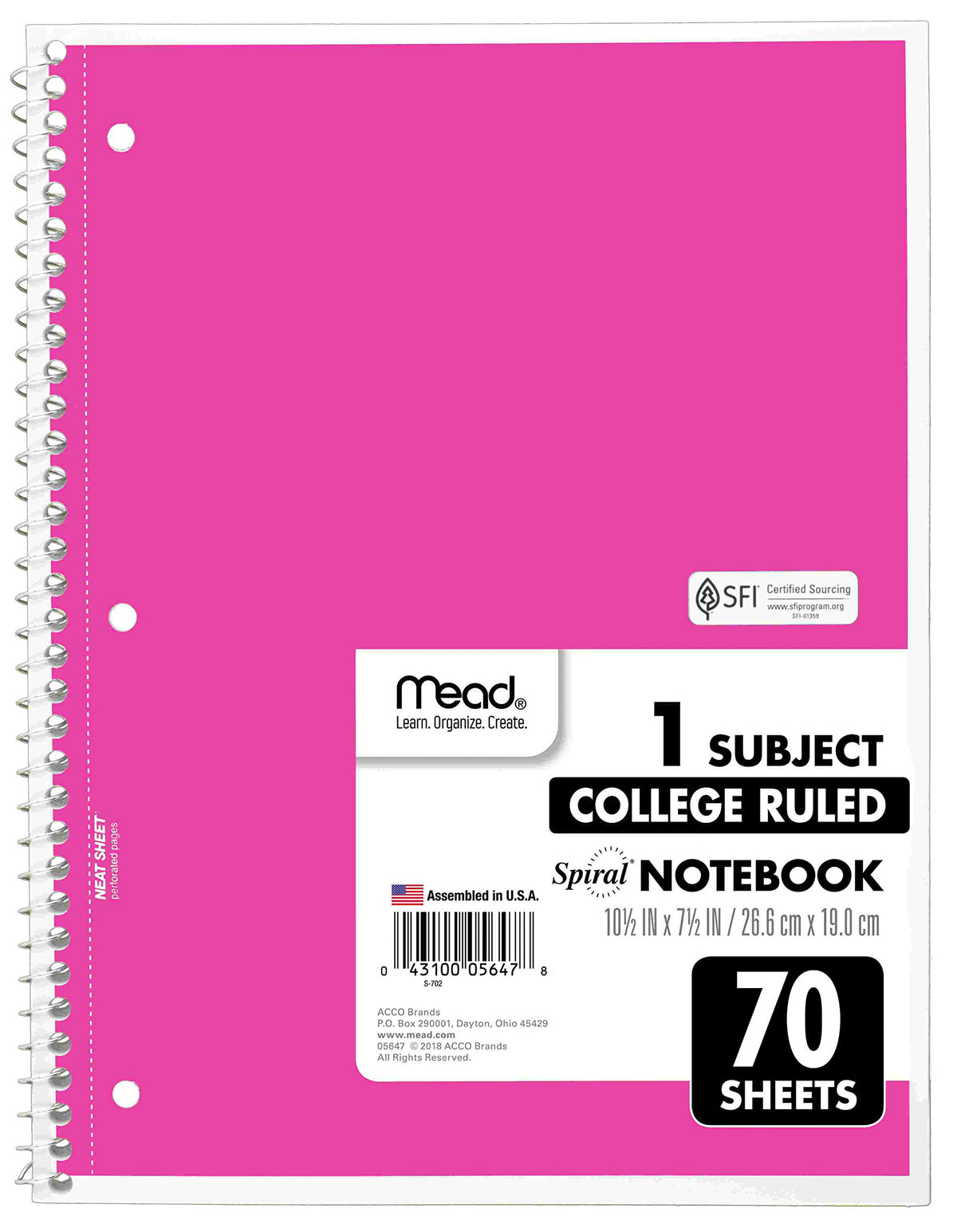 Mead Spiral Notebooks, 6 Pack, 1-Subject, College Ruled Paper, 10-1/2" x 8”, 70 Sheets per