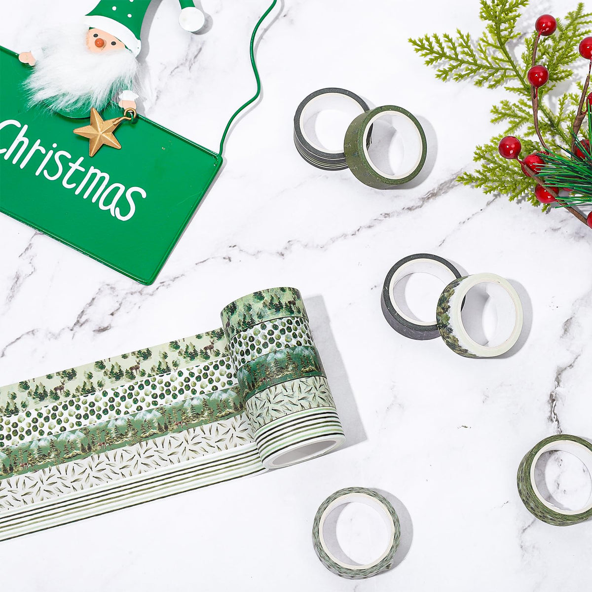 Whaline 12 Rolls Green Forest Washi Tape Watercolor Greenery Holiday Masking Tape Woodland Green