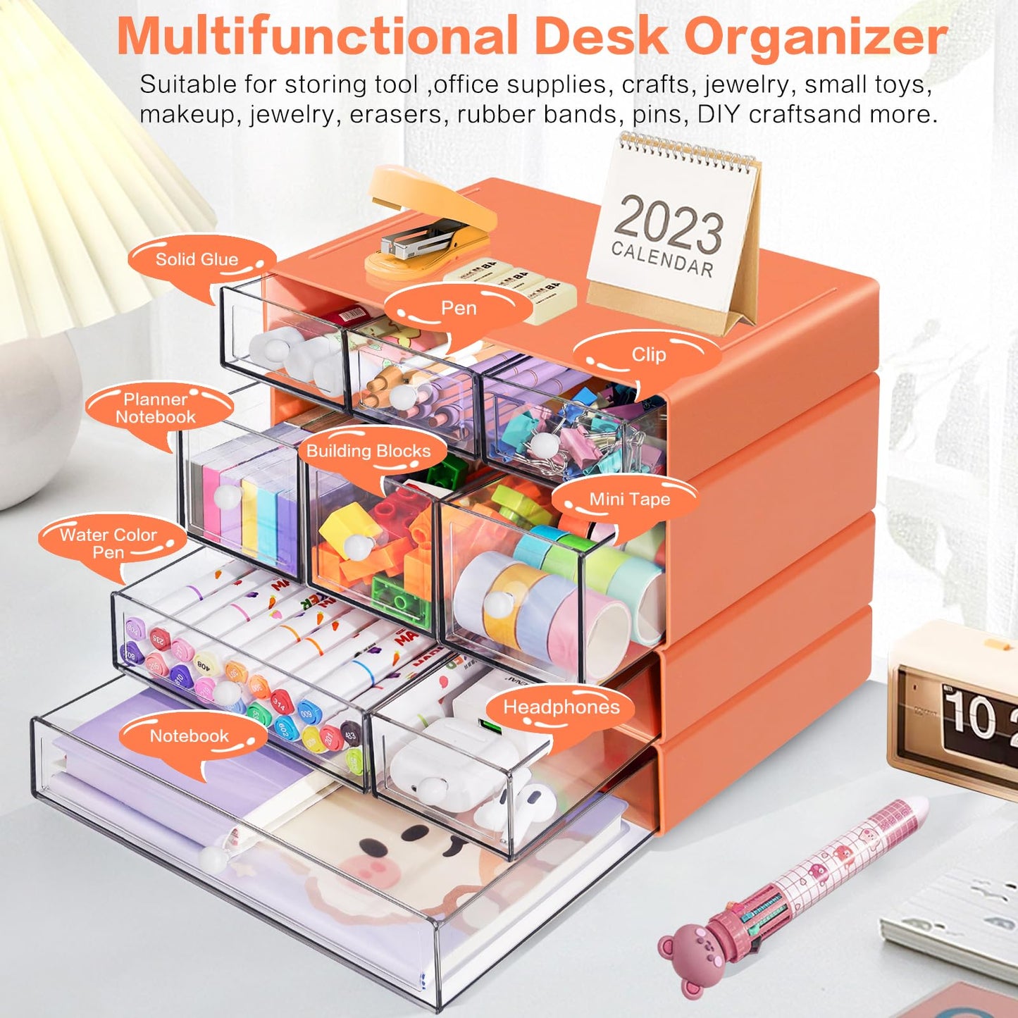 FODIENS Desk Storage Organizer with 9 Drawers, 4 Tiers Stackable Desktop Craft Storage Drawers