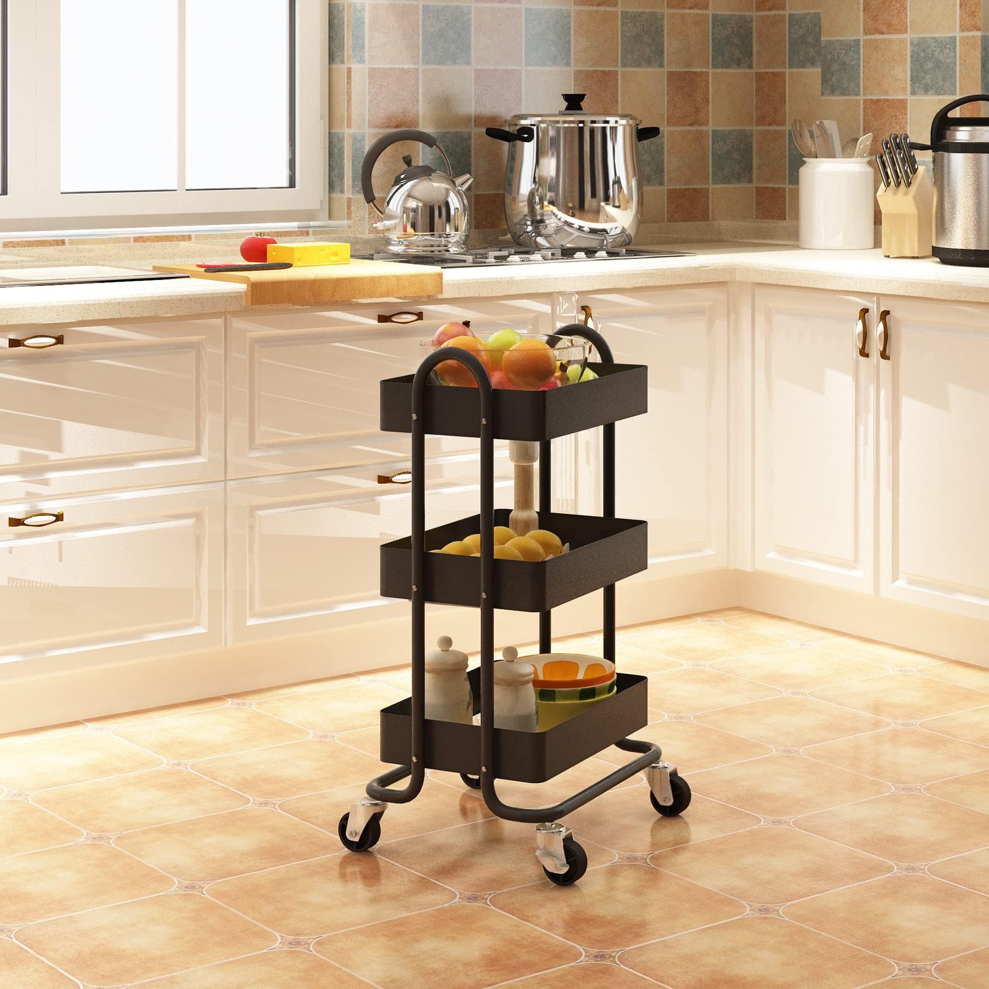 Elitehouse Metal Rolling Cart,3-Tier Metal Rolling Cart with Wheels,3 Tier Utility Cart with Wheels