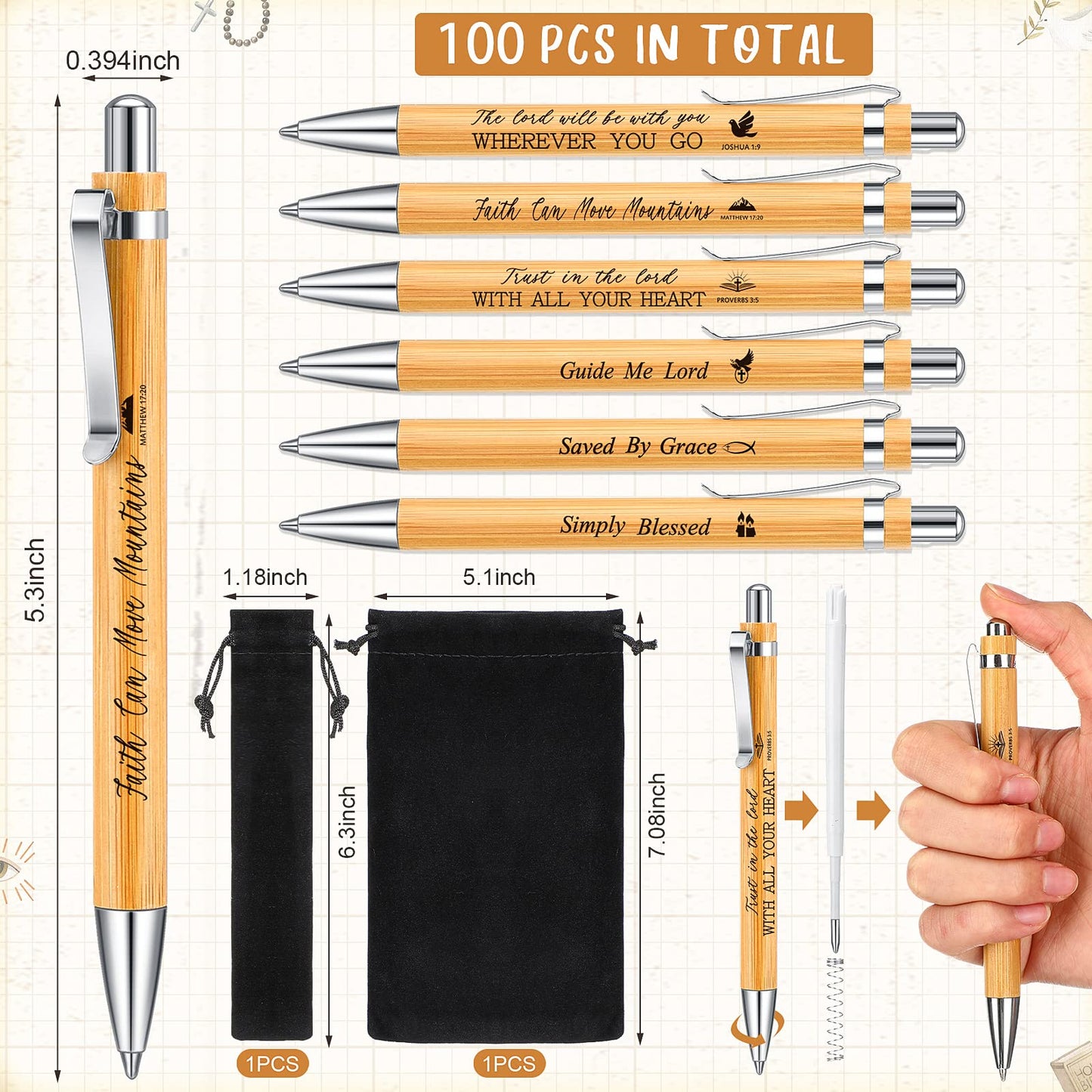 Roowest 100 Bible Verse Bamboo Pens Bulk, Church Gifts, Black Ink