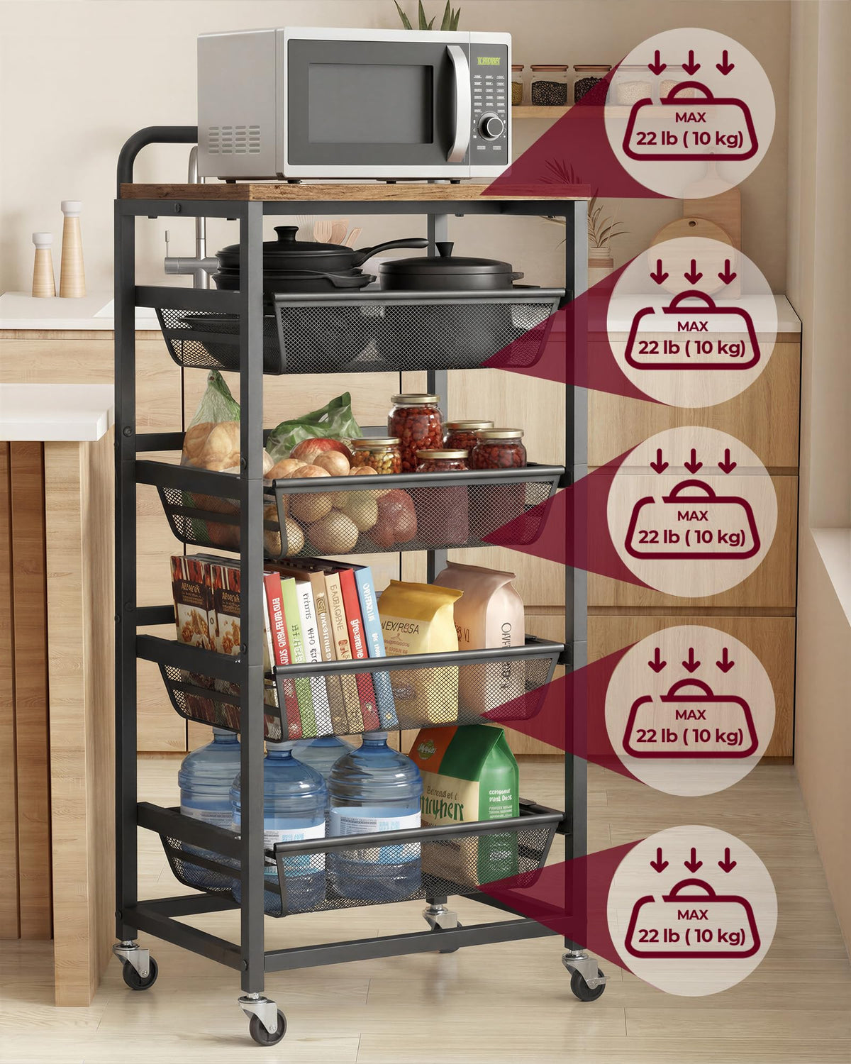VASAGLE 5-Tier Storage Rolling Cart Organizer with Pull-Out Baskets