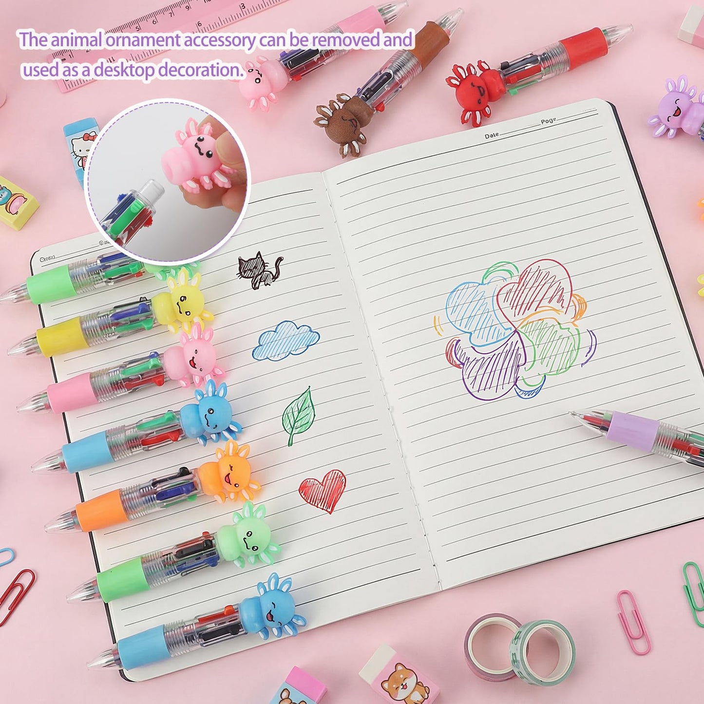 BESARME 48 Pcs Axolotl Pens for Students, 4-in-1 Cute Pen Gifts