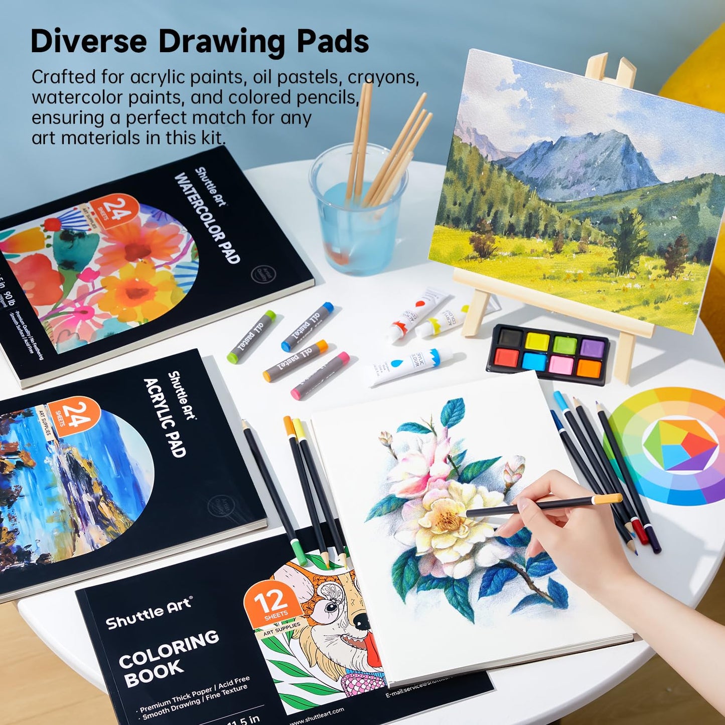Shuttle Art Deluxe Gift Art Kit, 202-Piece Wooden Art Supplies Set with 4 Drawing Pads, Canvases