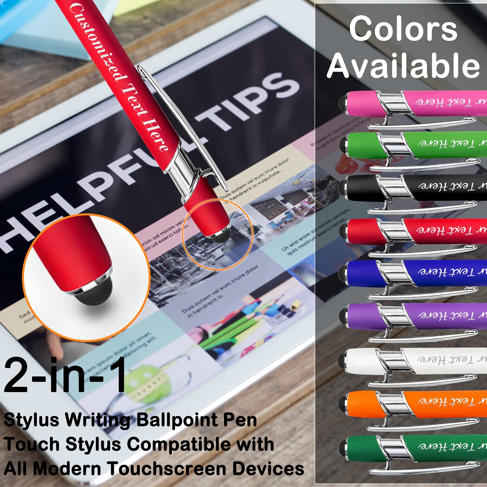 10 Pcs Personalized Pens in Bulk with Stylus Tip - Custom Print with Name 0.5 mm Soft Touch Medium