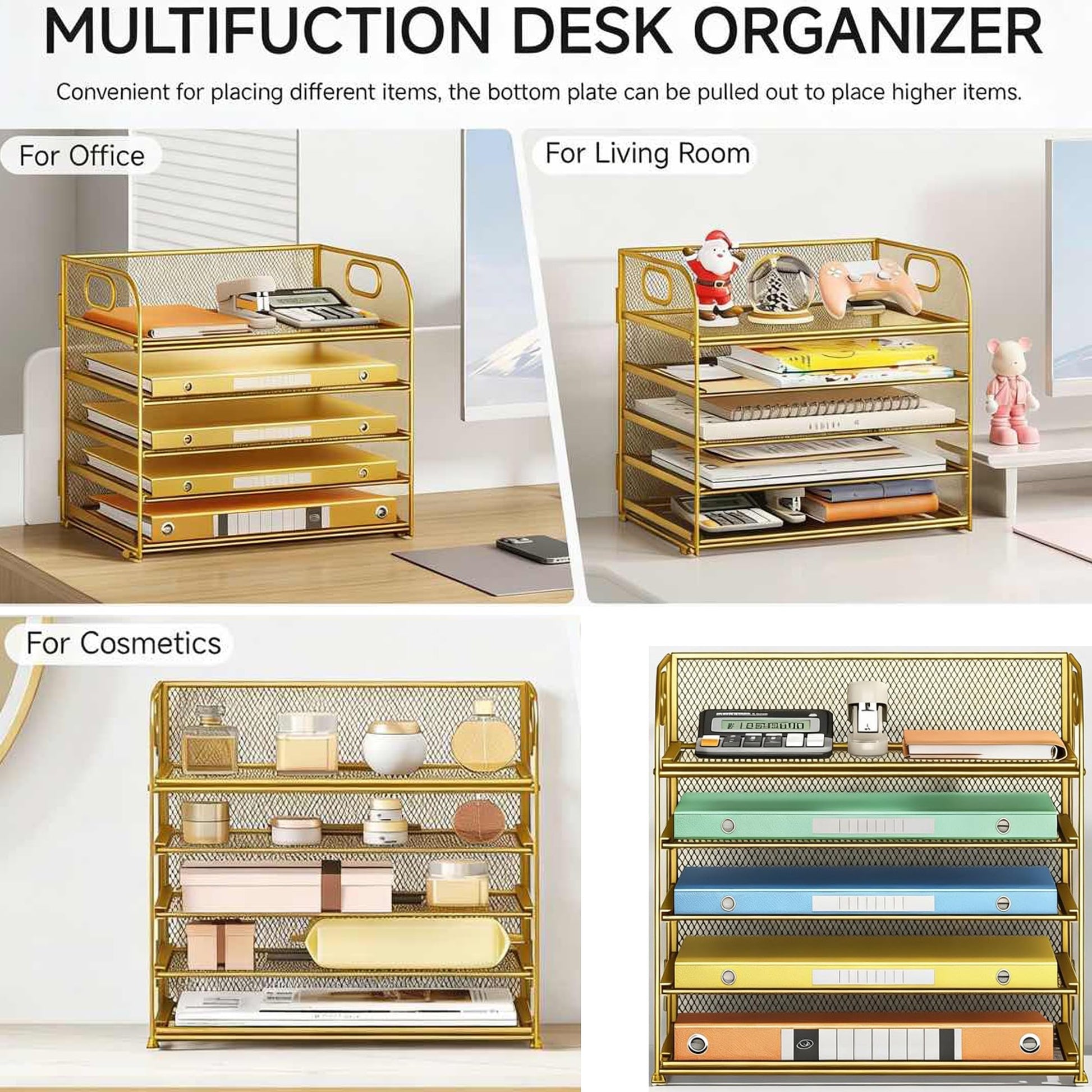 Lavatino Desk Paper Organizer Trays, Gold 5-Tier Mesh File Folder Sorter with Handles, Letter