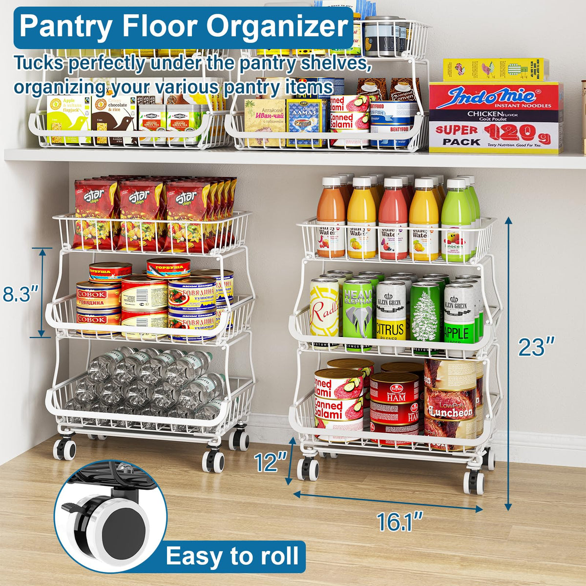 OKZEST 3-Tier Rolling Pantry Floor Organizers and Storage Cart with Wheels