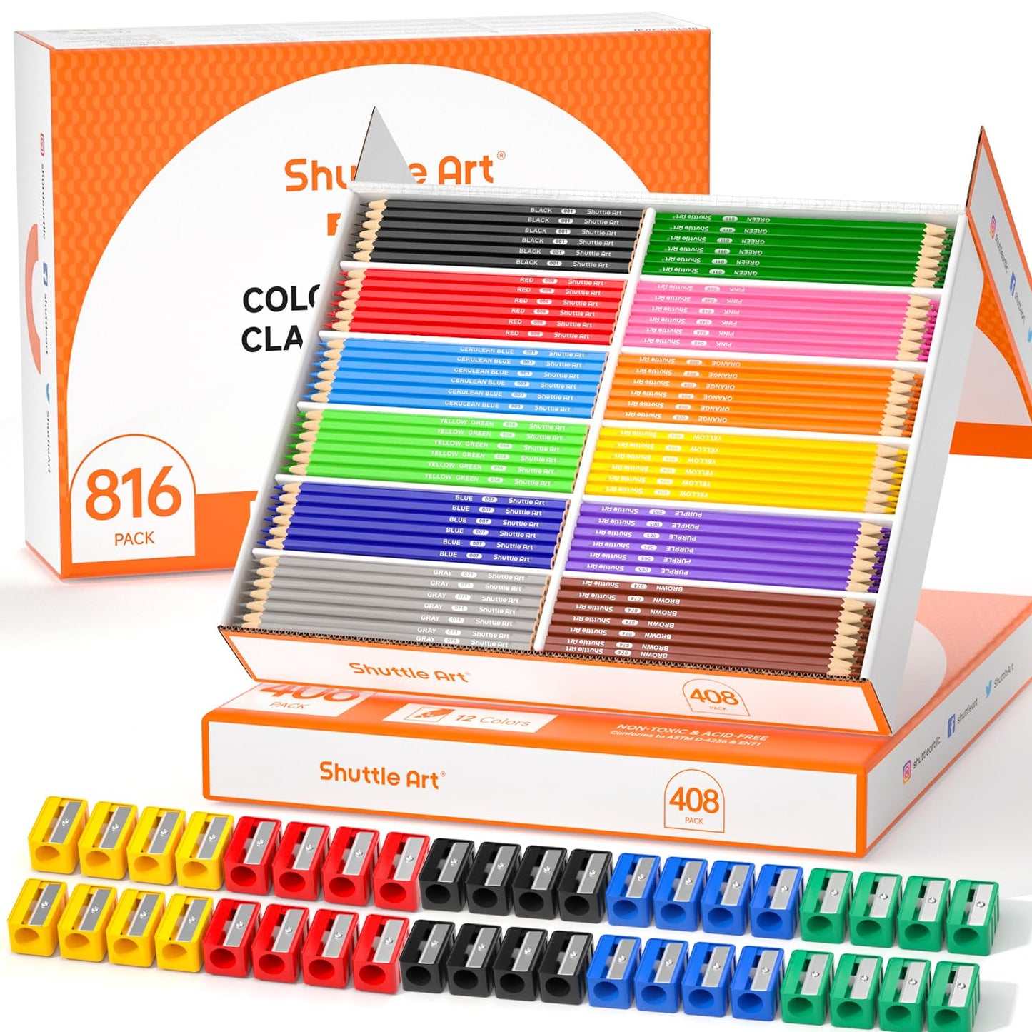Shuttle Art 816 PCS Colored Pencils Bulk, 12 Colors, Pre-sharpened for Kids