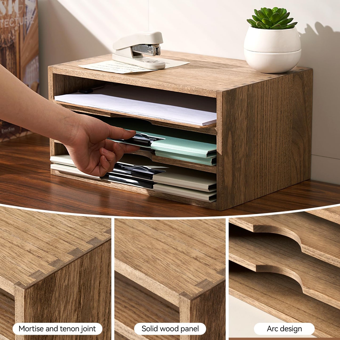 KIRIGEN Wooden Desk Organizer 3-Tier Letter Tray and Paper Sorter, Brown