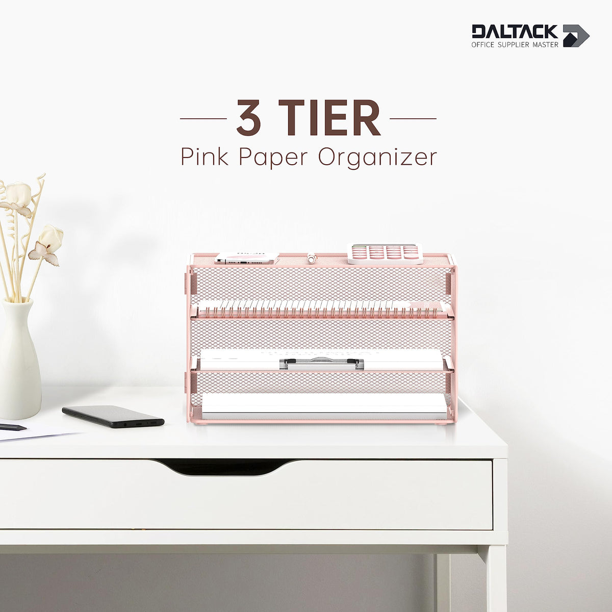 DALTACK 3 Tier Letter Tray Paper Organizer with Sliding Mesh Trays Pink