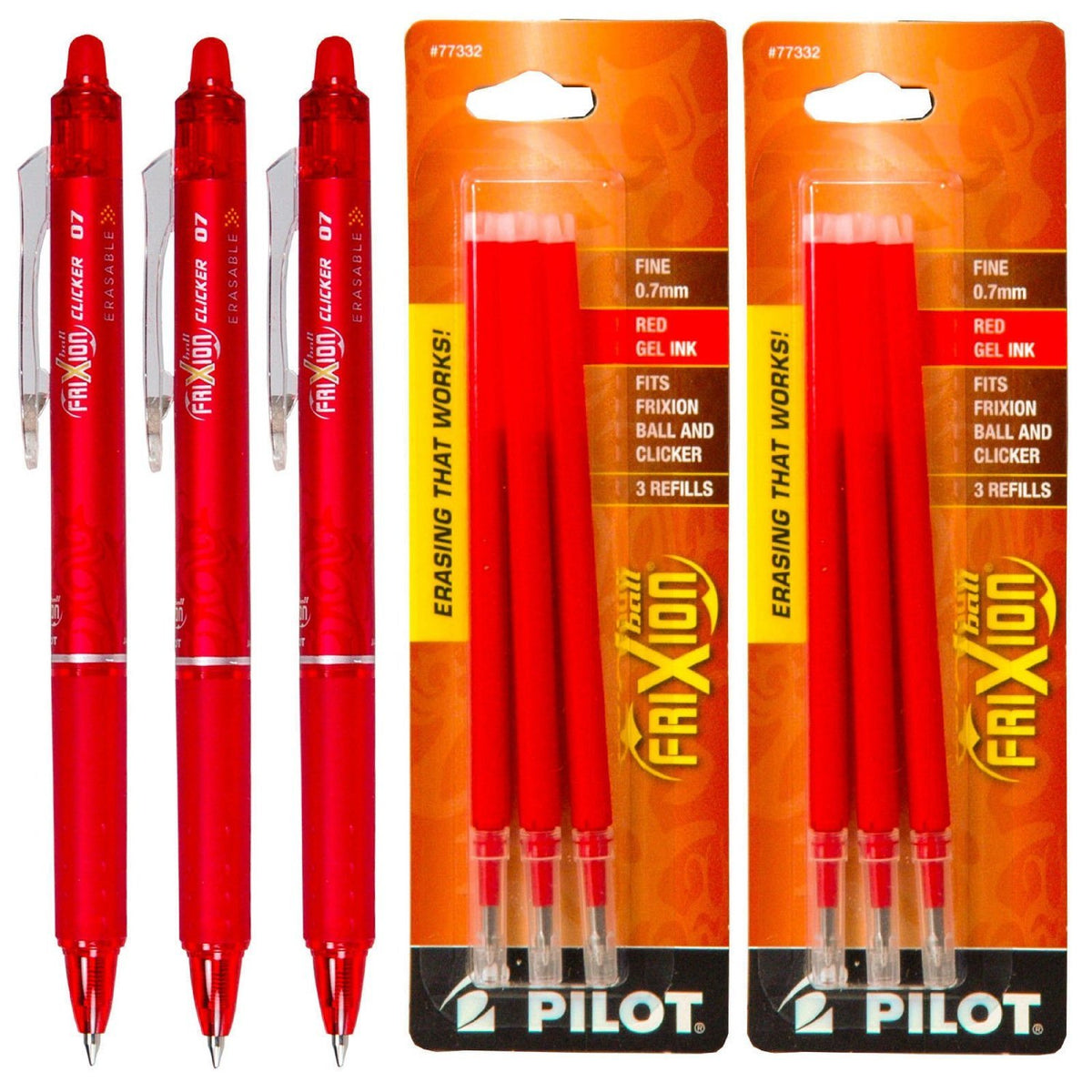 Pilot Frixion Clicker Retractable Erasable Red Gel Ink Pens, 3 Pens 6 Refills