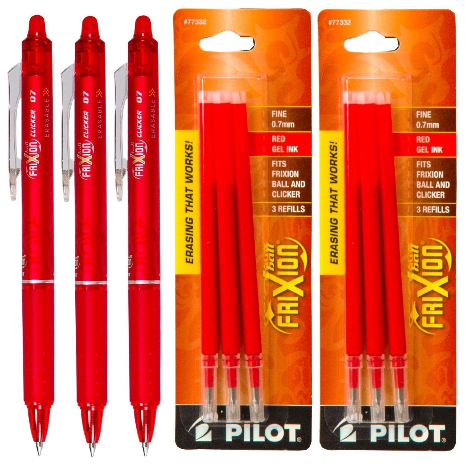 Pilot Frixion Clicker Retractable Erasable Red Gel Ink Pens, 3 Pens 6 Refills
